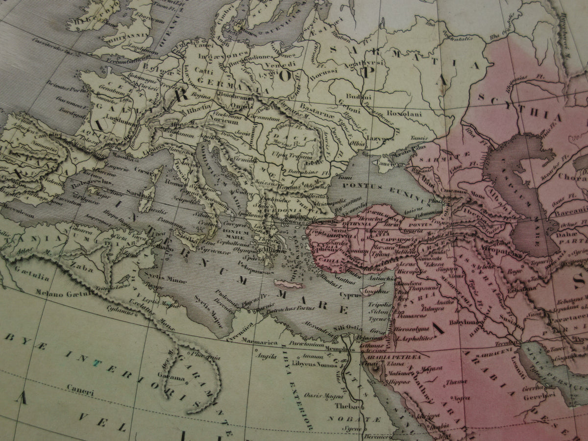 Ptolemaeus oude wereldkaart uit 1859 kaart van de klassieke wereld originele antieke handgekleurde landkaart