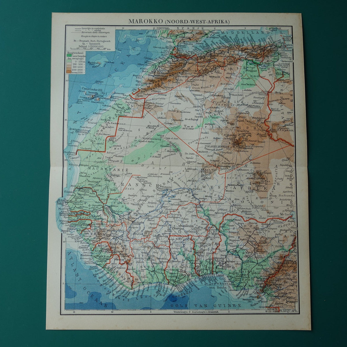 Oude kaart van Noordwest-Afrika uit 1936 Originele vintage Nederlandse kaart van Sahara Goudkust Sahel Guinea Marokko