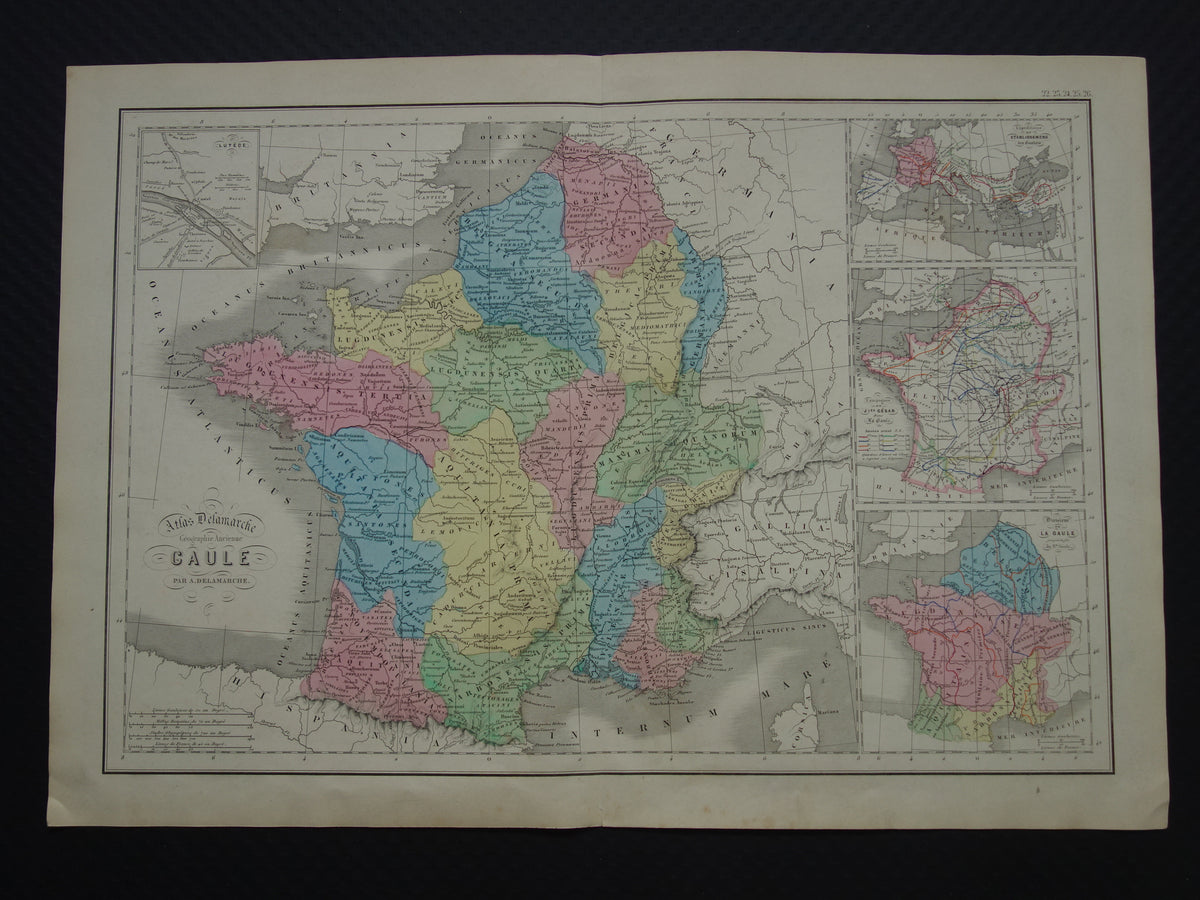 Oude kaart van Frankrijk in klassieke oudheid Gallië uit 1859 Originele antieke landkaart met veroveringstochten Julius Ceasar