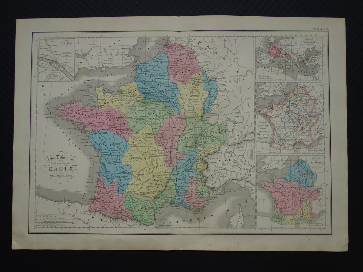 Old map of France in classical antiquity Gaul from 1859 Original antique map with conquests Julius Ceasar Limes