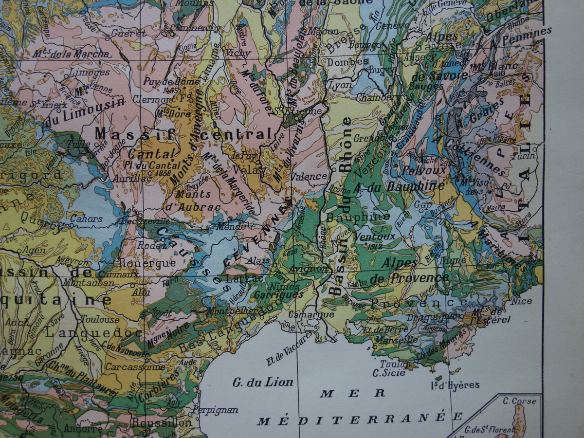 Old map of France Geology Antique Geological map from 1902 Vintage maps French Soil Time scale