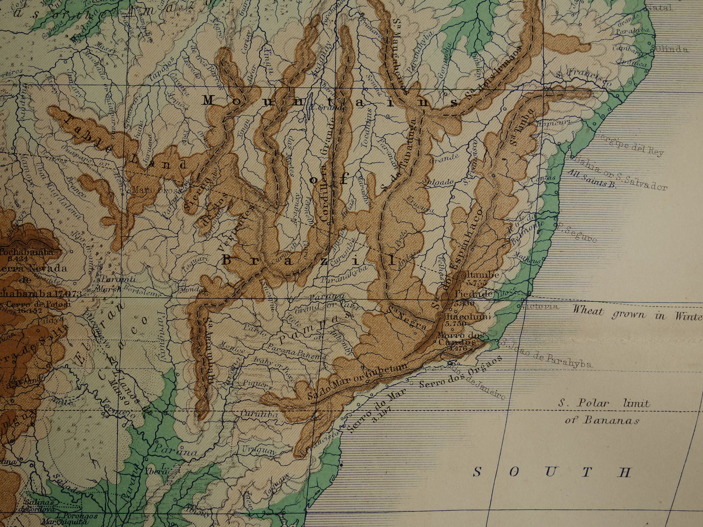 South America antique map of South America 140+ year old map of continent from 1879 - original vintage elevation map