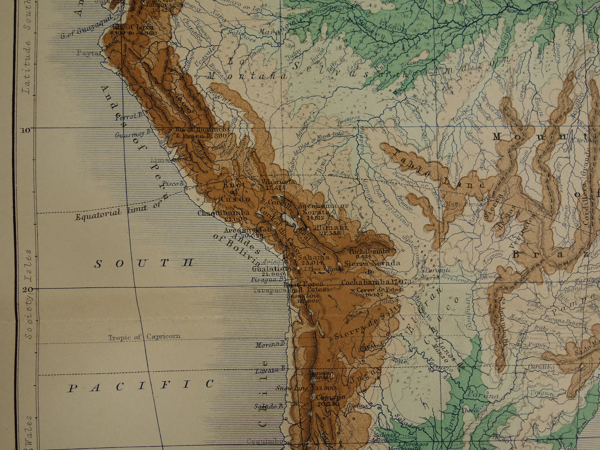 South America antique map of South America 140+ year old map of continent from 1879 - original vintage elevation map