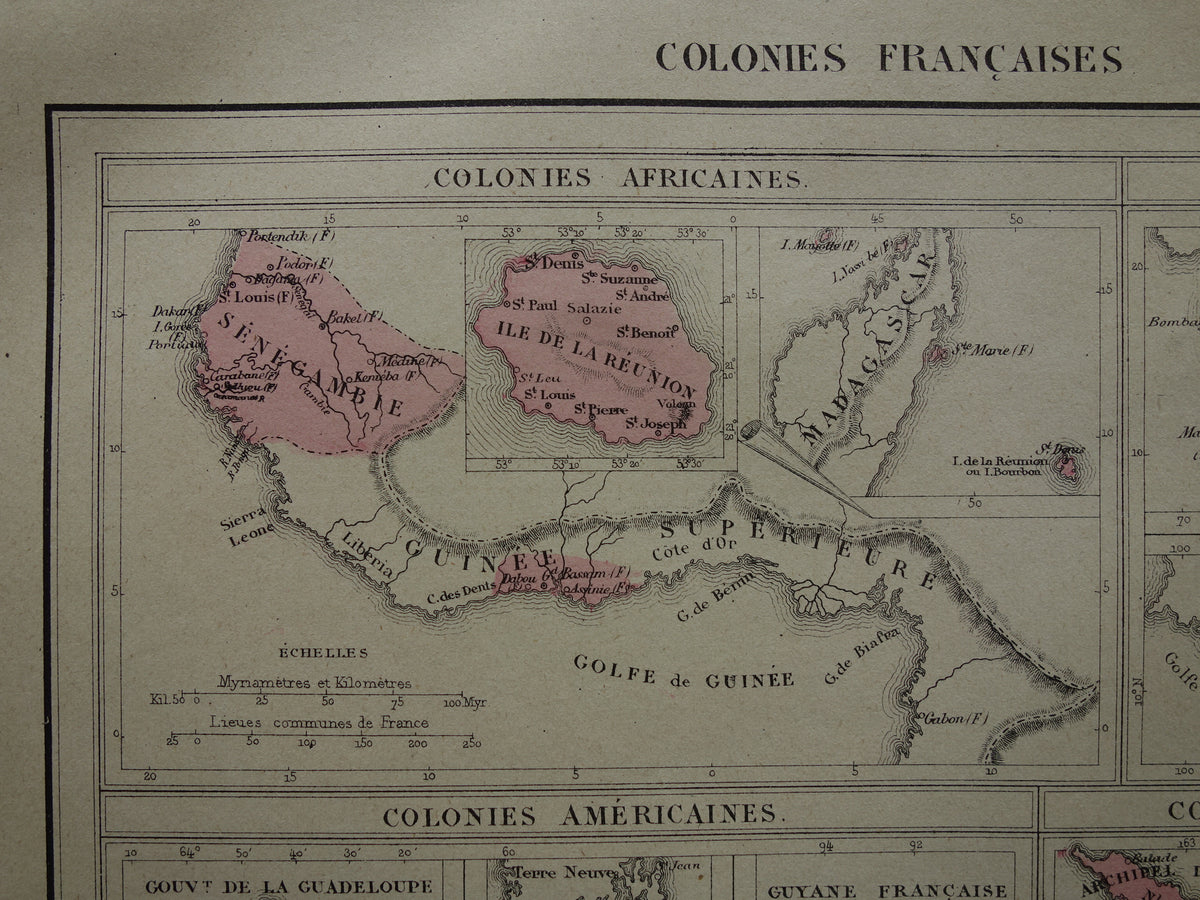 Oude kaart van Franse Koloniën uit 1877 originele 145+ jaar oude handgekleurde landkaart Kolonie Frankrijk
