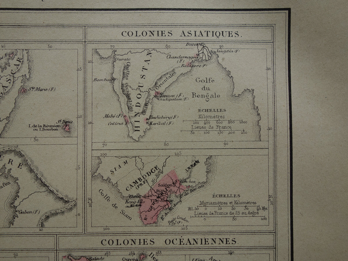 Oude kaart van Franse Koloniën uit 1877 originele 145+ jaar oude handgekleurde landkaart Kolonie Frankrijk