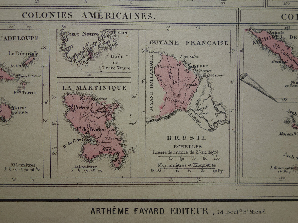 Oude kaart van Franse Koloniën uit 1877 originele 145+ jaar oude handgekleurde landkaart Kolonie Frankrijk