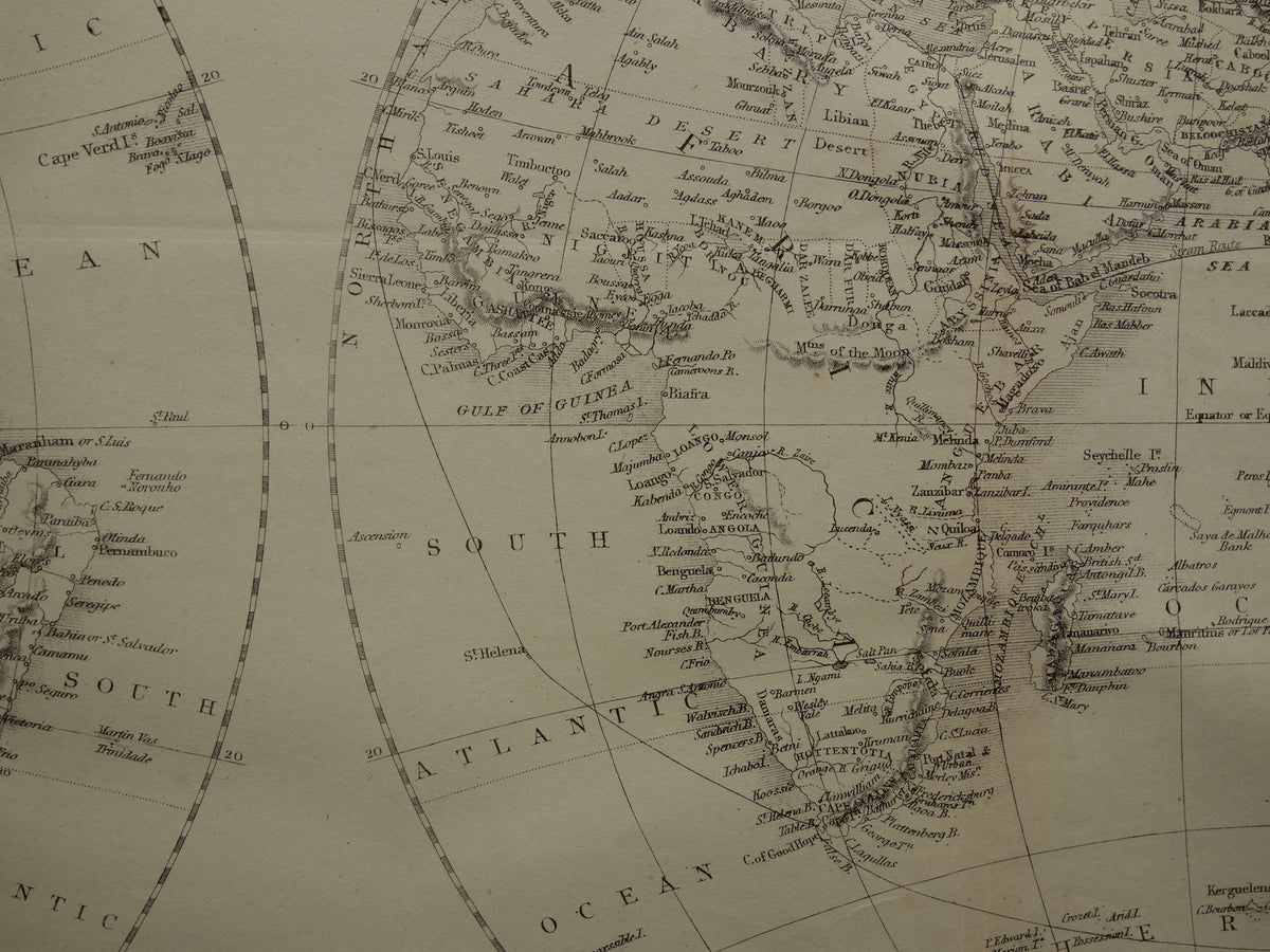 WORLD MAP old map of the World from 1860 Original antique English map b/w