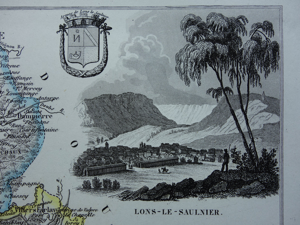 Oude kaart van Jura departement in Frankrijk uit 1856 originele antieke handgekleurde landkaart Dole Lons-le-Saunier Saint-Claude