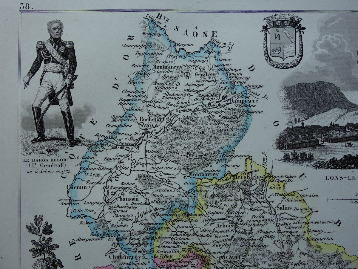 Oude kaart van Jura departement in Frankrijk uit 1856 originele antieke handgekleurde landkaart Dole Lons-le-Saunier Saint-Claude