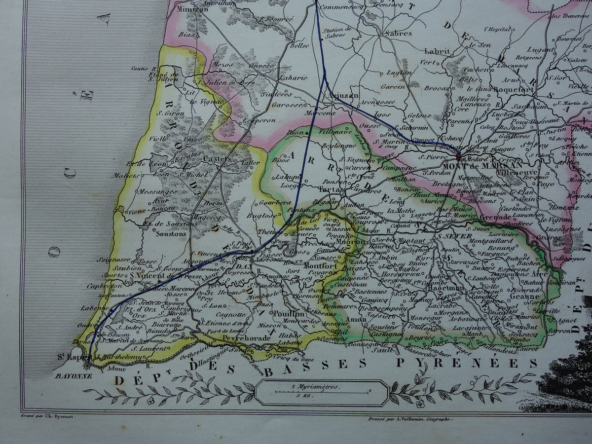 Old map of Landes department in France from 1856 original antique hand-colored map Mont de Marsan