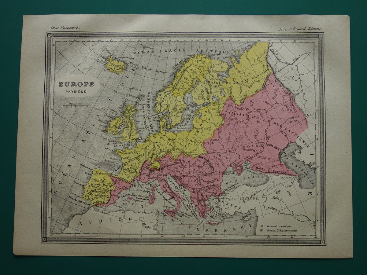 Old map of rivers in Europe from 1877 original antique hand colored map vintage geology maps