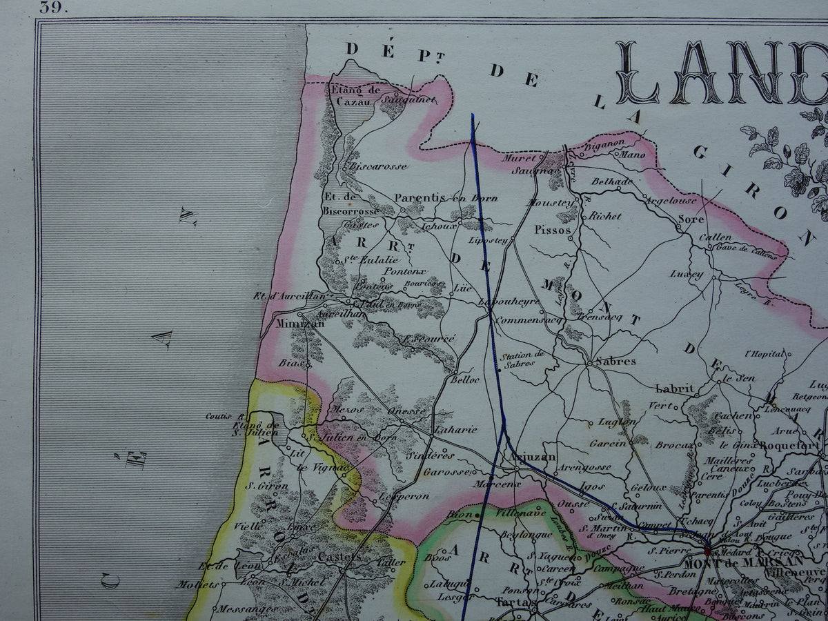 Old map of Landes department in France from 1856 original antique hand-colored map Mont de Marsan