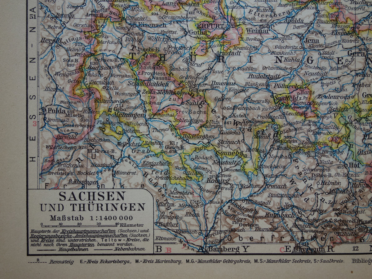 Thuringia and Saxony old map of Germany from 1931 original vintage map Leipzig Dresden Halle