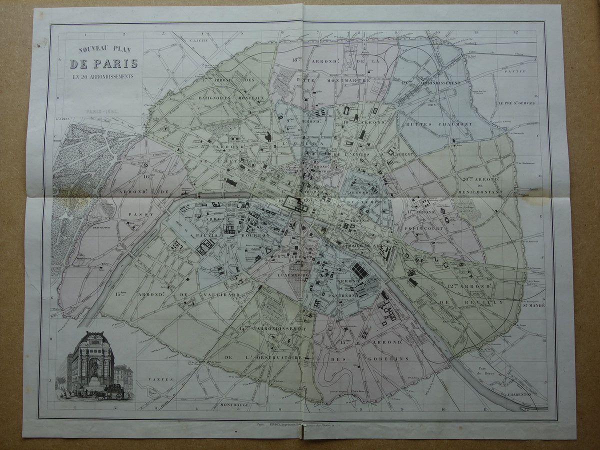 Old map of Paris from the year 1869 DAMAGED Large original antique map Paris historical vintage maps