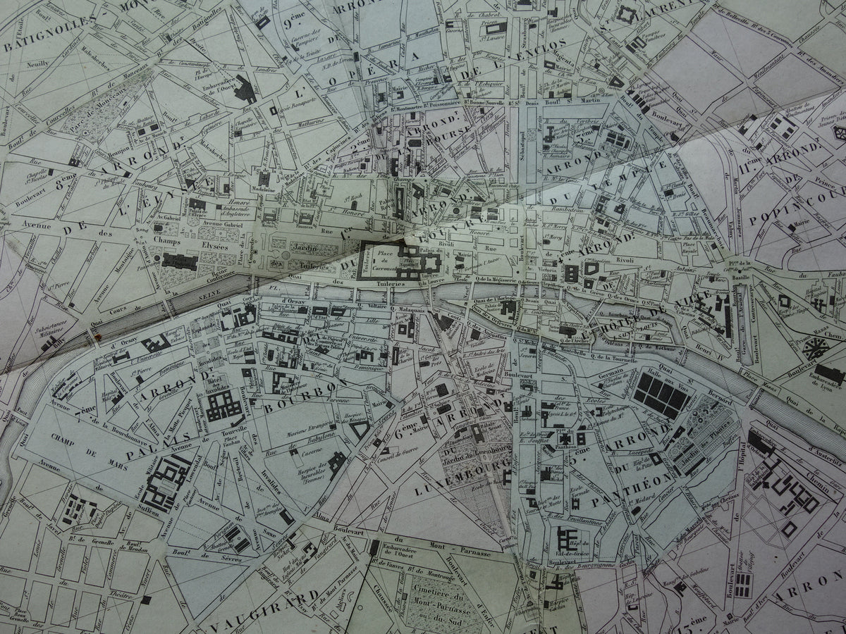 Old map of Paris from the year 1869 DAMAGED Large original antique map Paris historical vintage maps