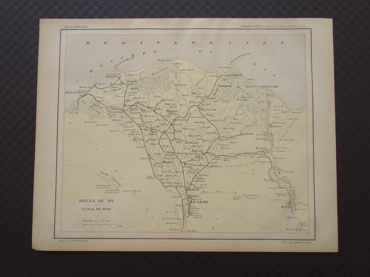 EGYPTE antieke kaart van de Nijldelta uit 1896 Oude Franse handgekleurde landkaart monding van de Nijl