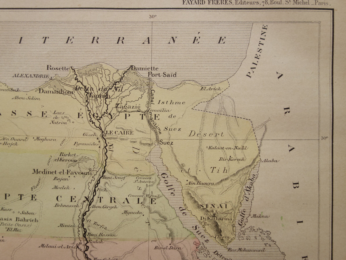EGYPT antique map of Egypt from 1896 Old French hand-colored map