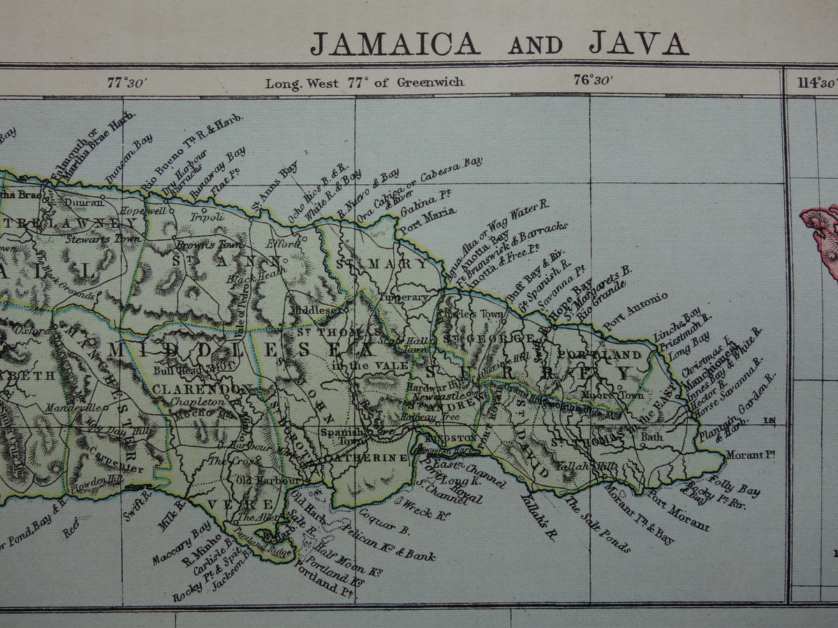 Old map of Jamaica Java and Bali original antique English map from 1880 vintage maps