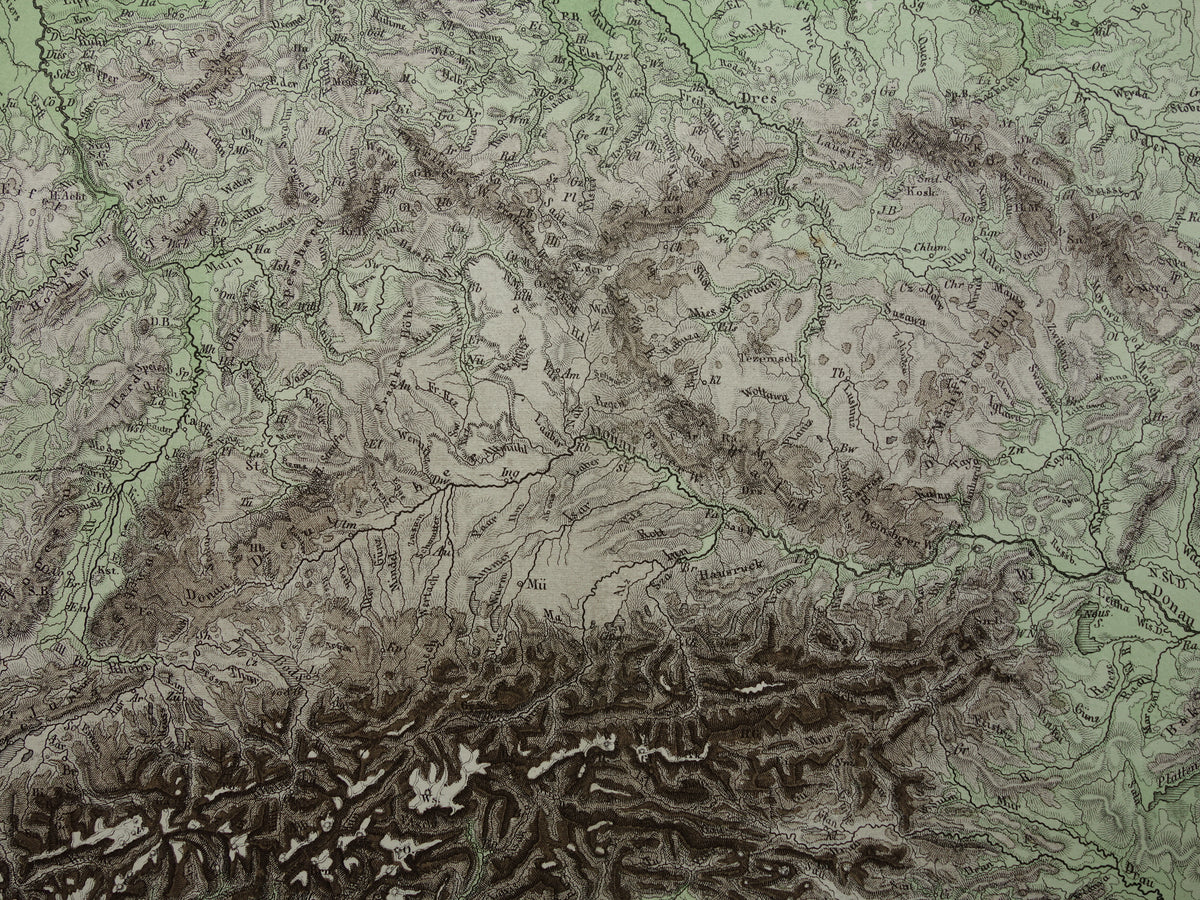 GERMANY old map of Central Europe and Germany in 1876 original antique relief map Alps Mountains Rivers Geology with year for sale
