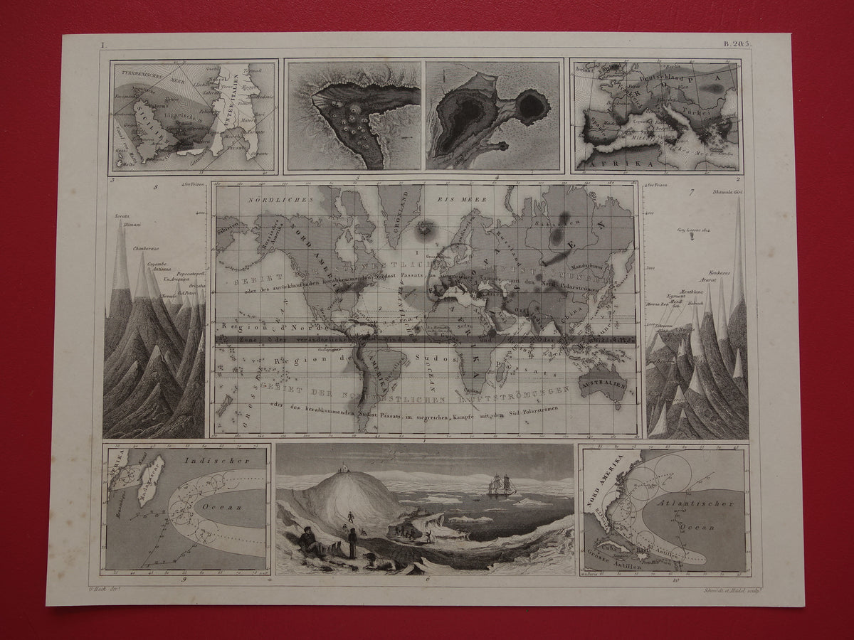 Antieke WERELDKAART oude kaart van de Wereld uit 1849 over vulkanen seismologie bergtoppen bergen