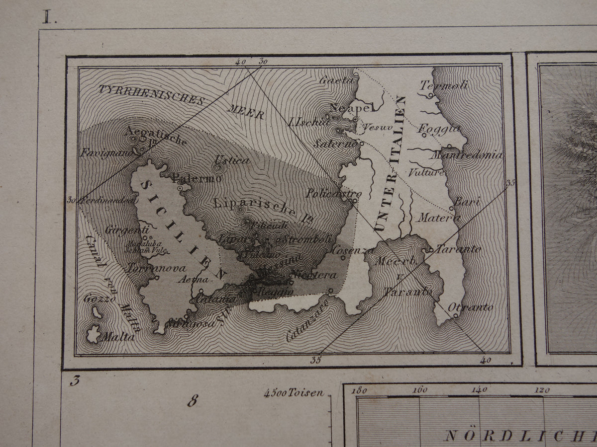 Antieke WERELDKAART oude kaart van de Wereld uit 1849 over vulkanen seismologie bergtoppen bergen