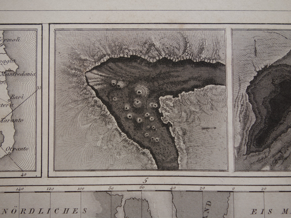 Antieke WERELDKAART oude kaart van de Wereld uit 1849 over vulkanen seismologie bergtoppen bergen