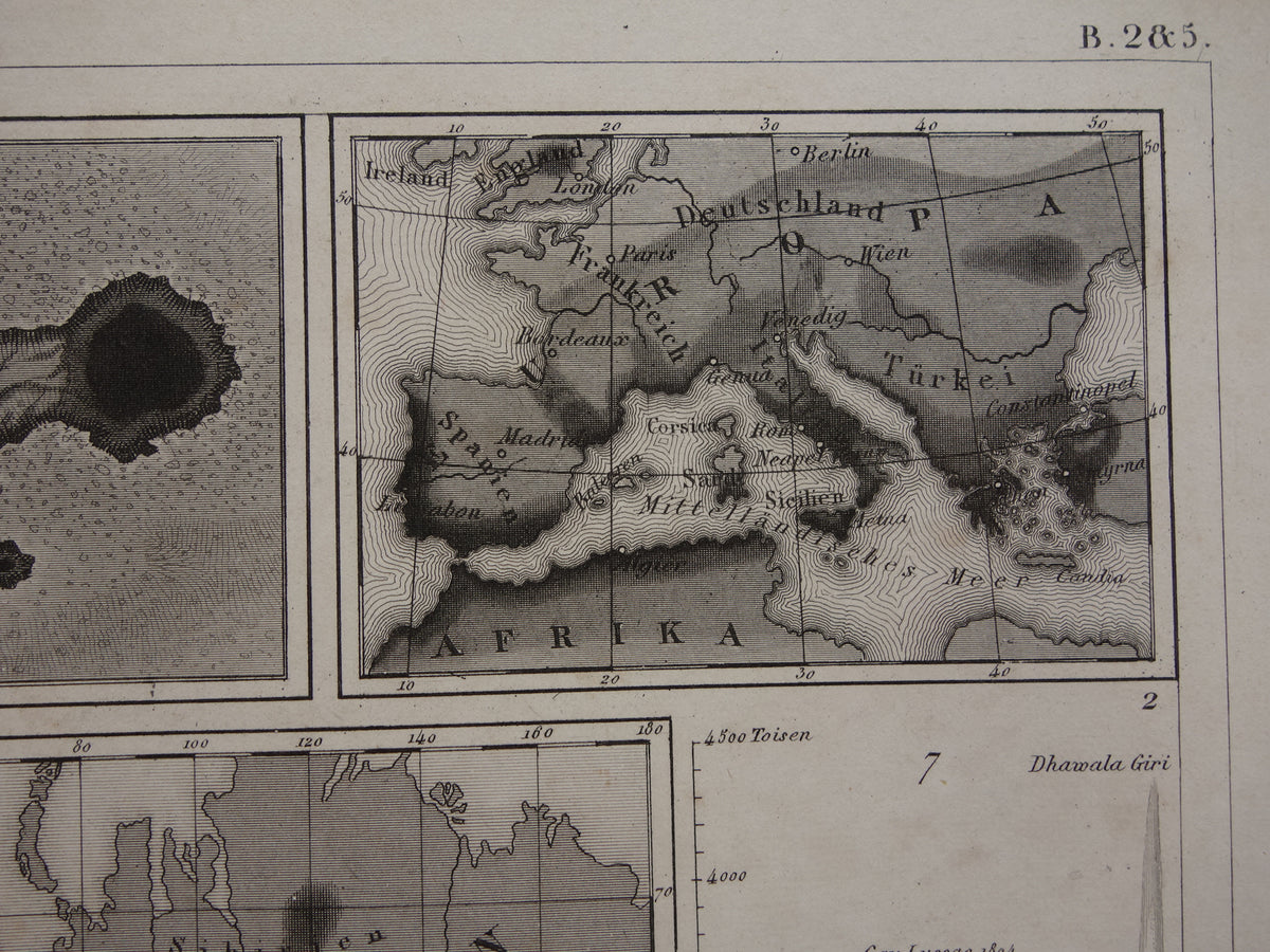 Antieke WERELDKAART oude kaart van de Wereld uit 1849 over vulkanen seismologie bergtoppen bergen