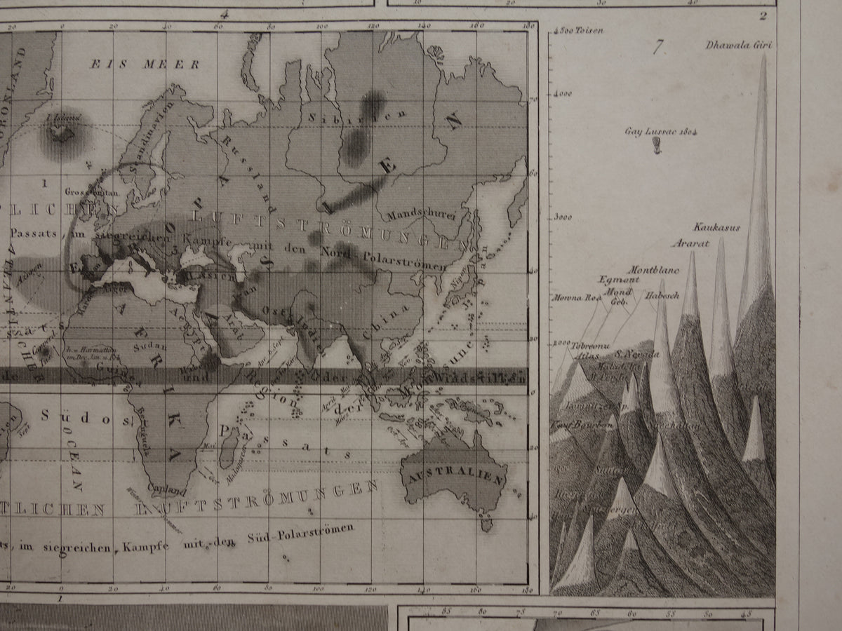 Antieke WERELDKAART oude kaart van de Wereld uit 1849 over vulkanen seismologie bergtoppen bergen