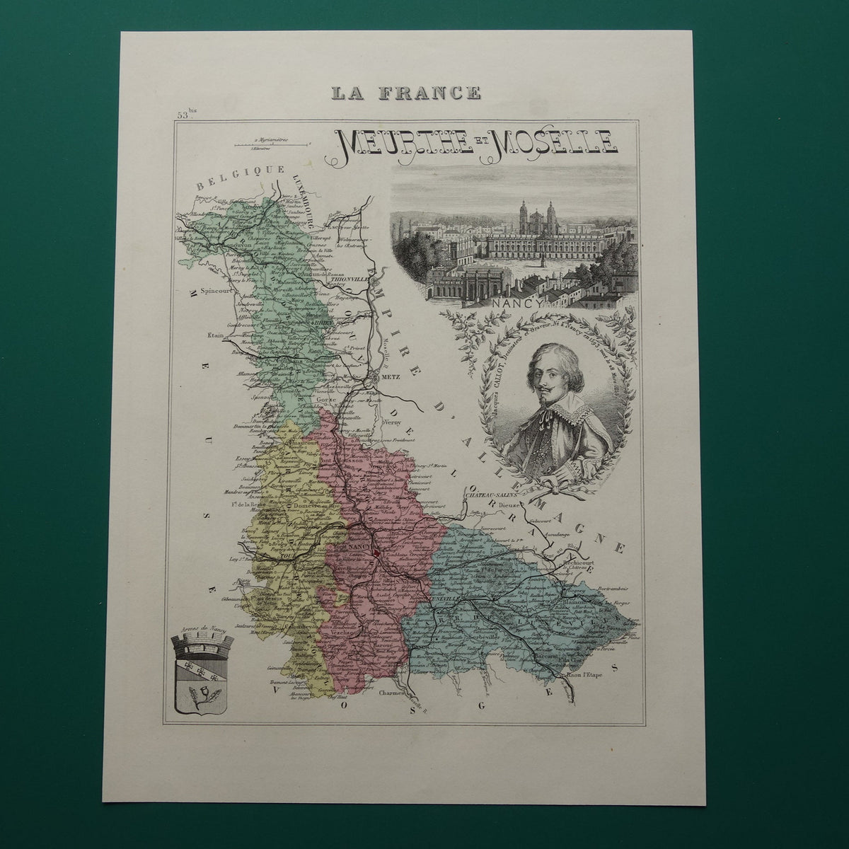 Meurthe-et-Moselle Oude Kaart van departement in Frankrijk uit 1874 originele antieke handgekleurde landkaart Nancy