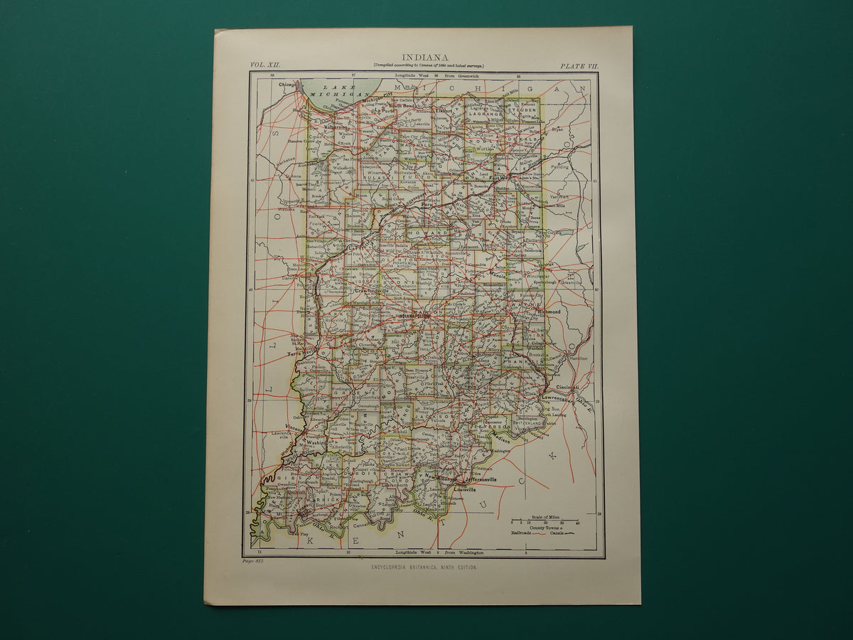 Antique map of Indiana United States from 1881 original old map state of Indiana