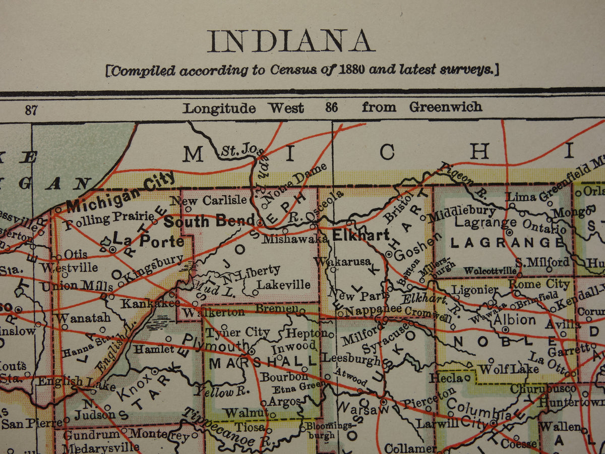 Antique map of Indiana United States from 1881 original old map state of Indiana