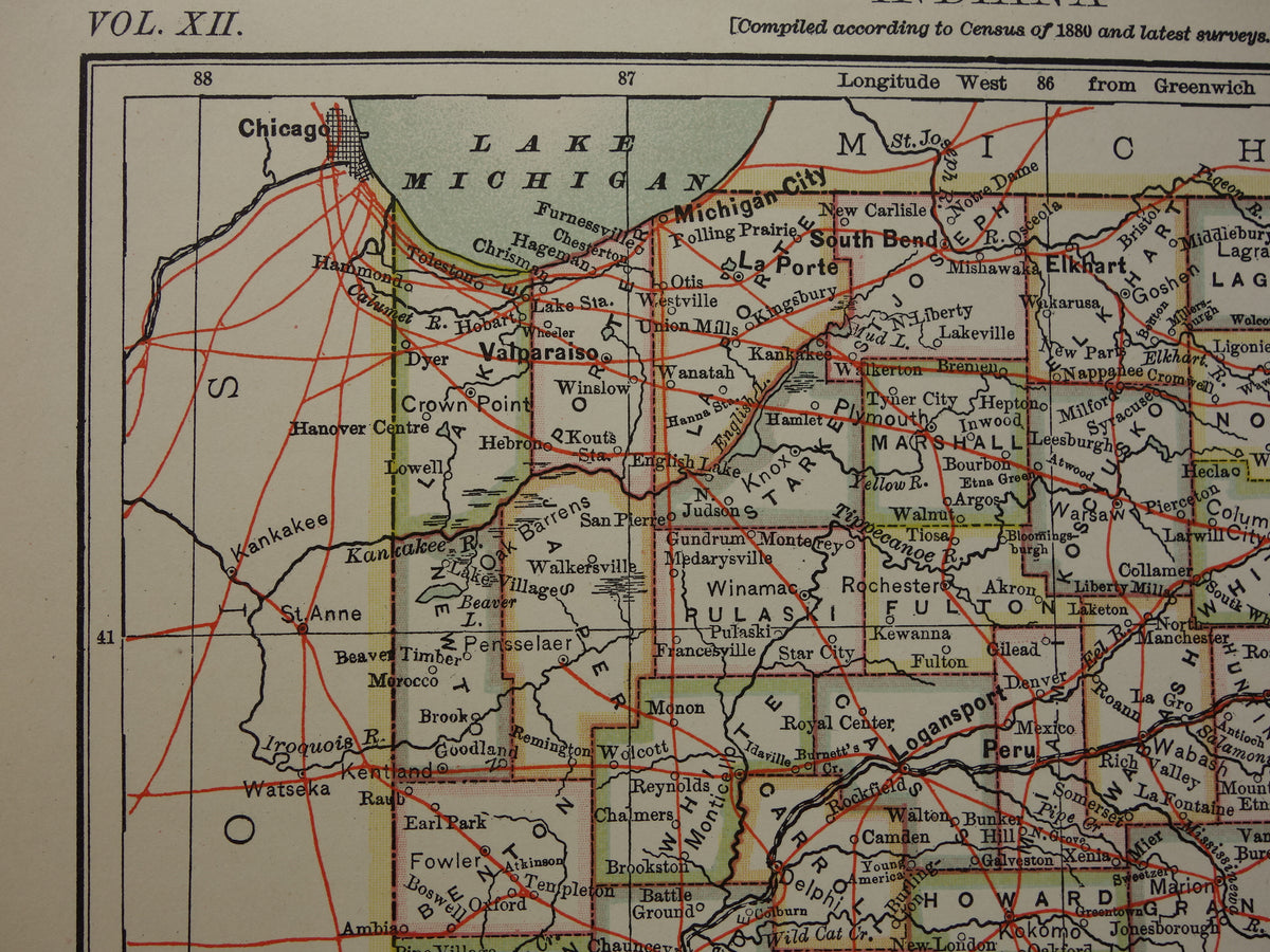 Antique map of Indiana United States from 1881 original old map state of Indiana