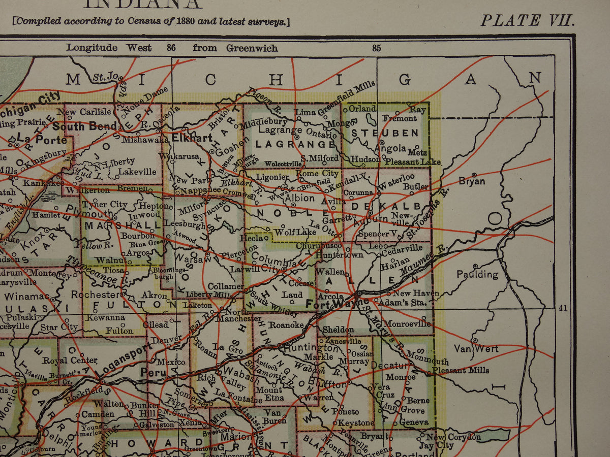 Antique map of Indiana United States from 1881 original old map state of Indiana
