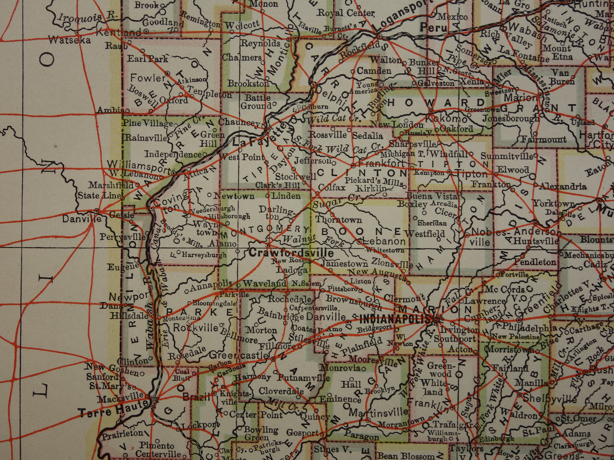 Antique map of Indiana United States from 1881 original old map state of Indiana