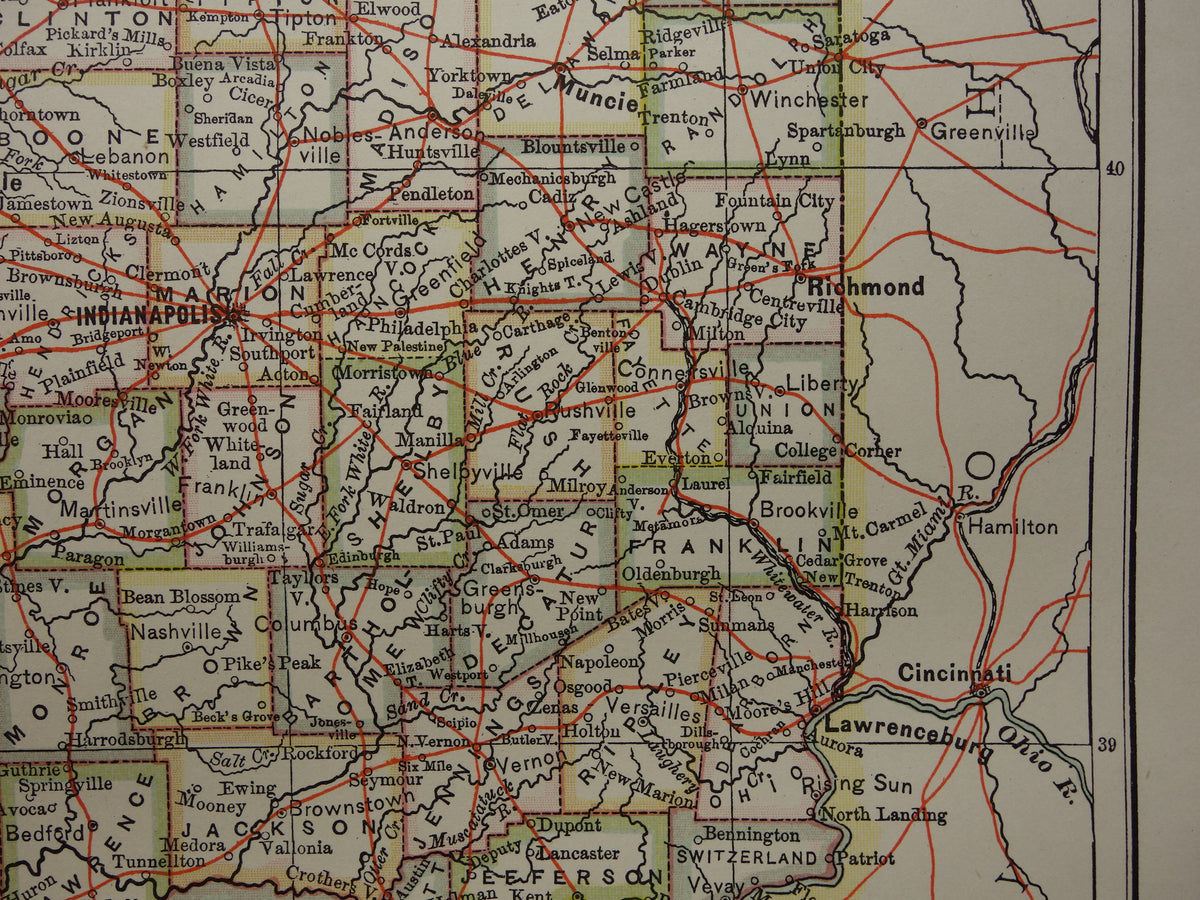 Antique map of Indiana United States from 1881 original old map state of Indiana