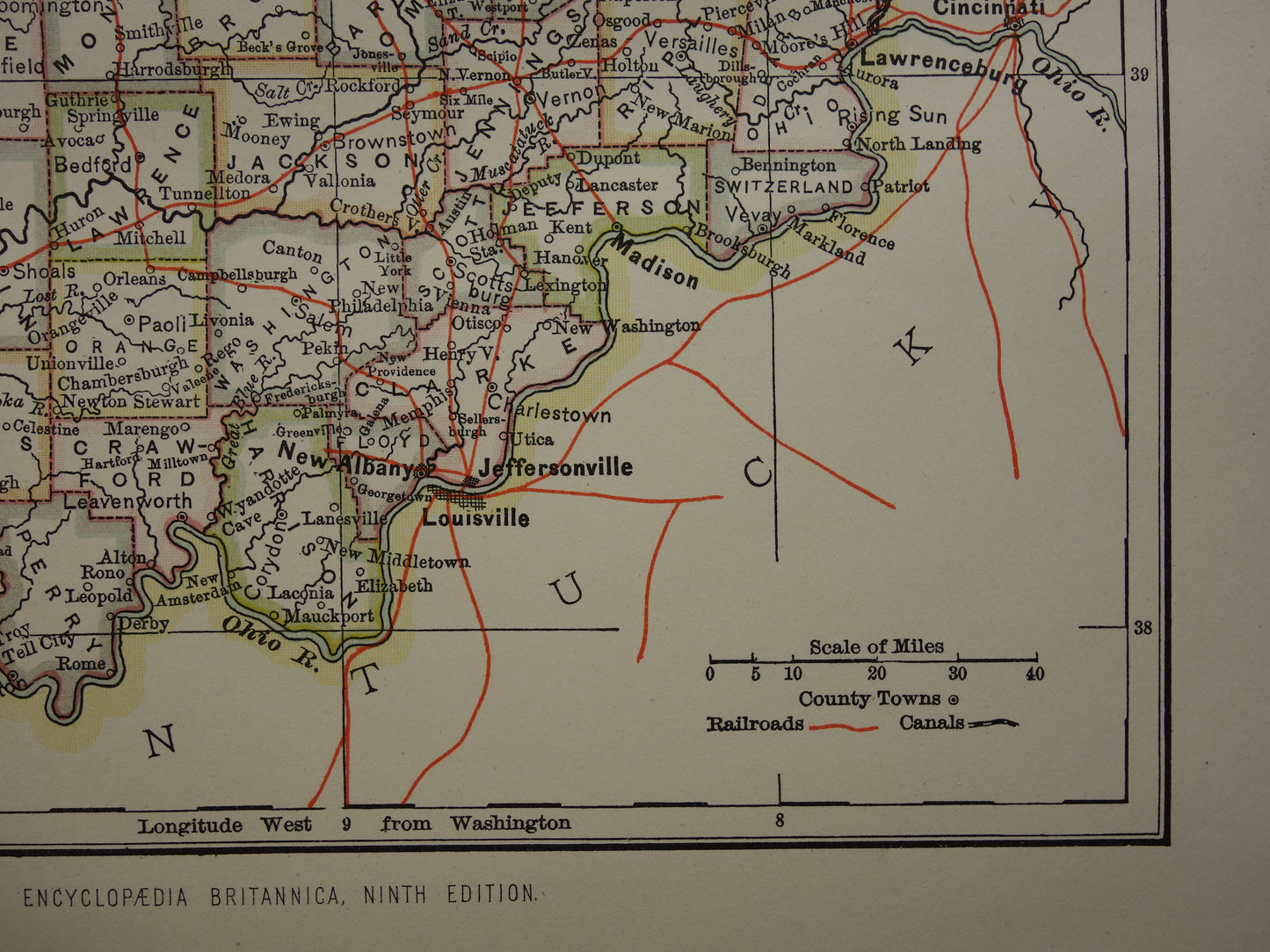 Antique map of Indiana United States from 1881 original old map state of Indiana