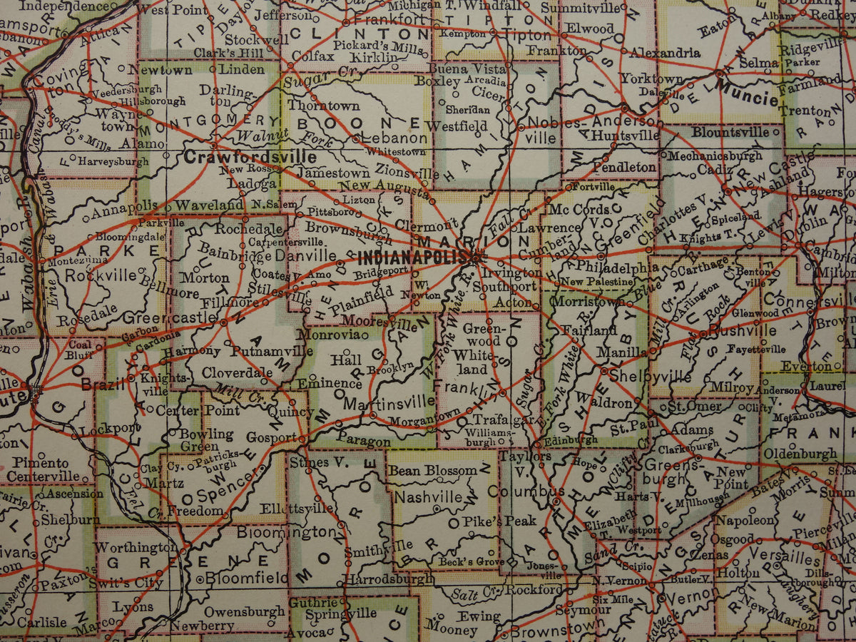 Antique map of Indiana United States from 1881 original old map state of Indiana