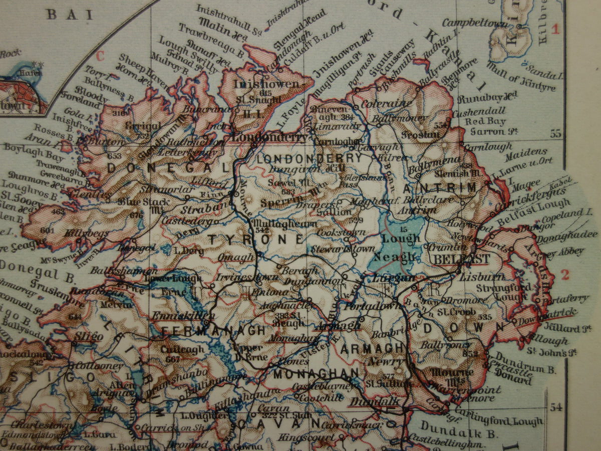 IERLAND oude kaart van Ierland 1913 originele antieke Duitse landkaart van Dublin Killarney