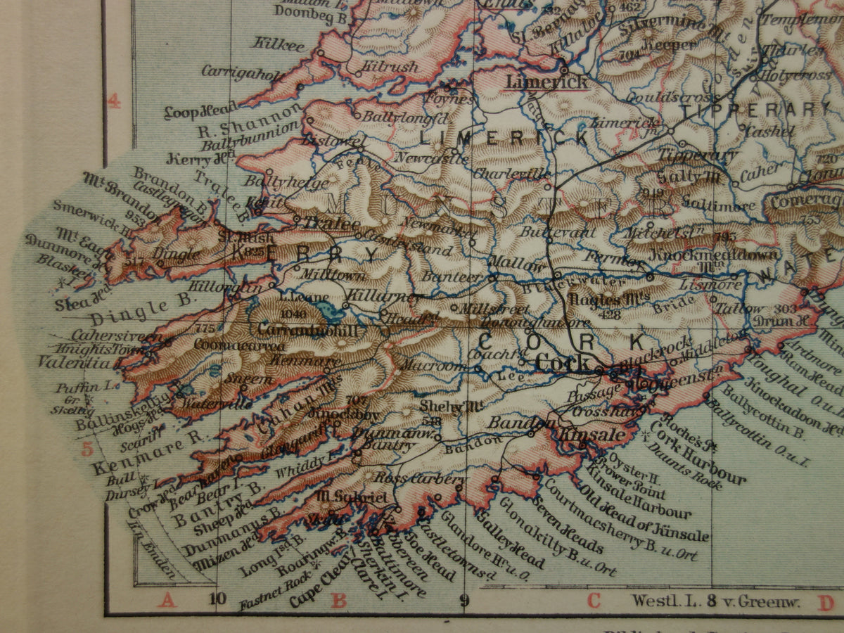 IERLAND oude kaart van Ierland 1913 originele antieke Duitse landkaart van Dublin Killarney