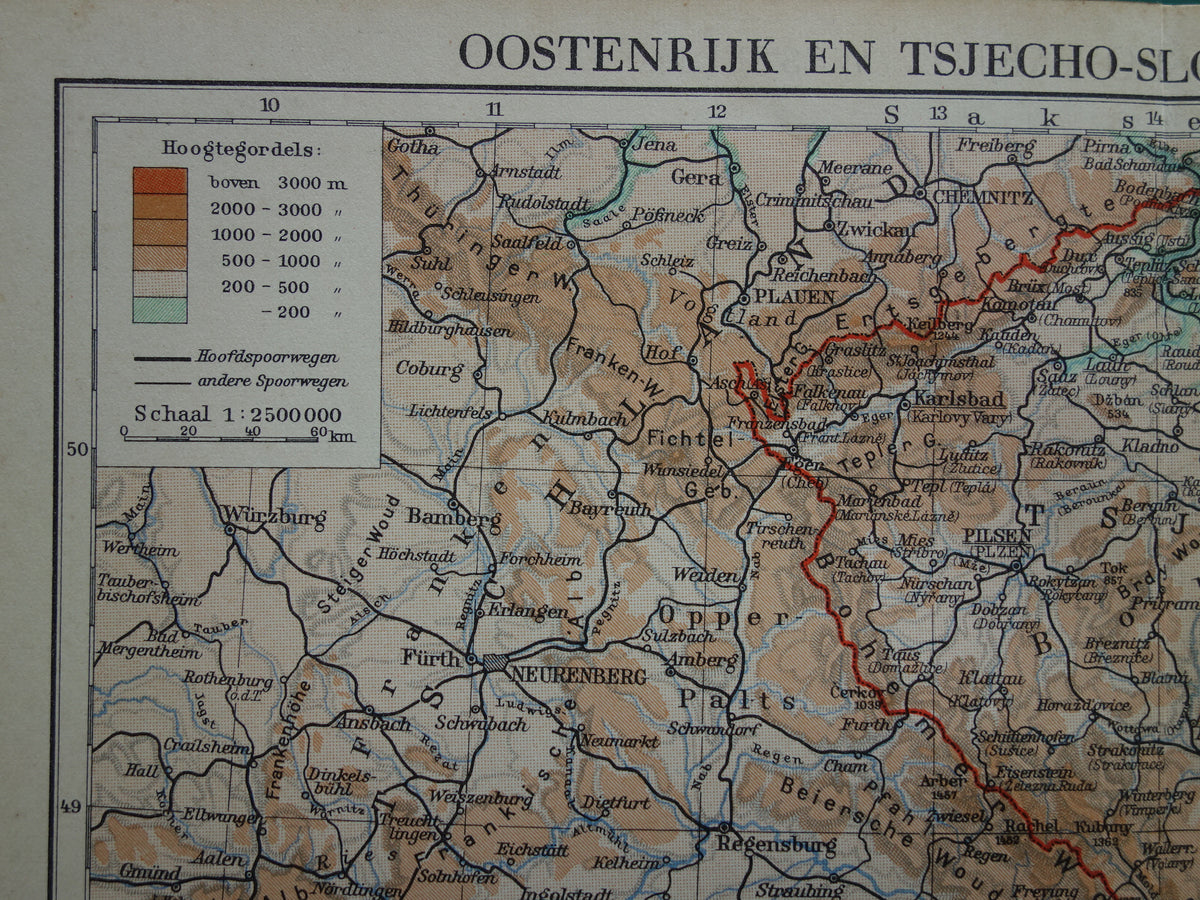 Austria and Czech Republic Old map from 1937 original vintage Dutch map elevation map
