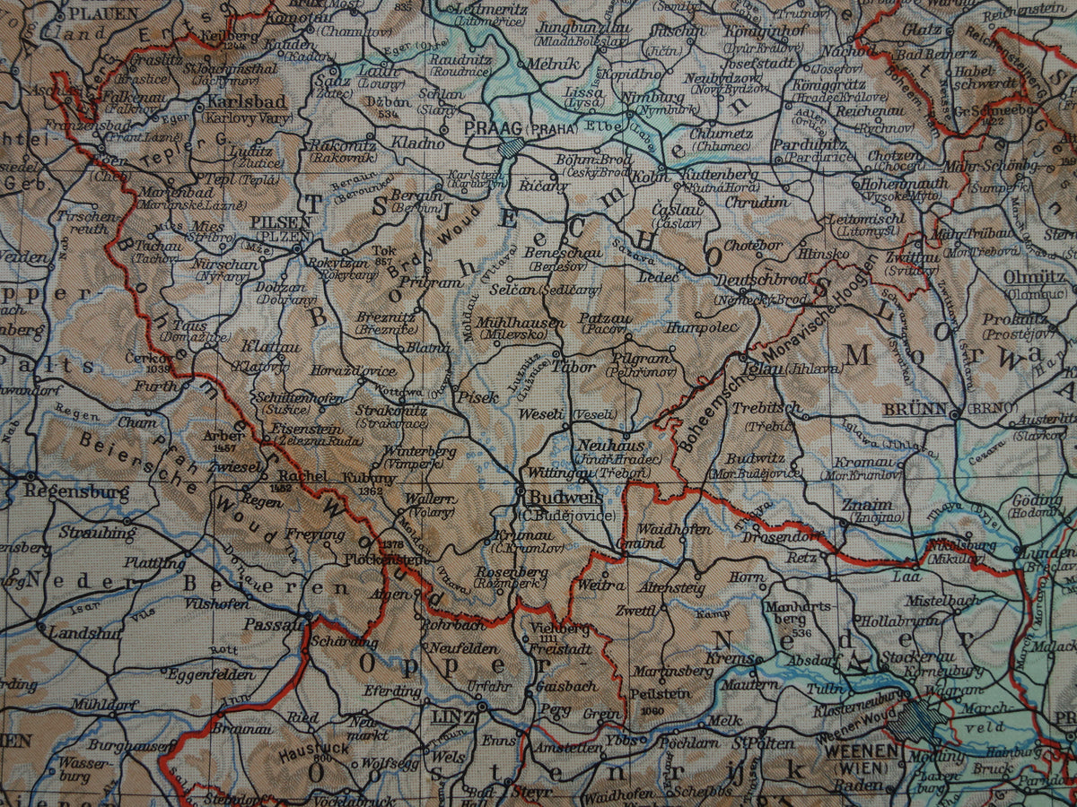 Austria and Czech Republic Old map from 1937 original vintage Dutch map elevation map