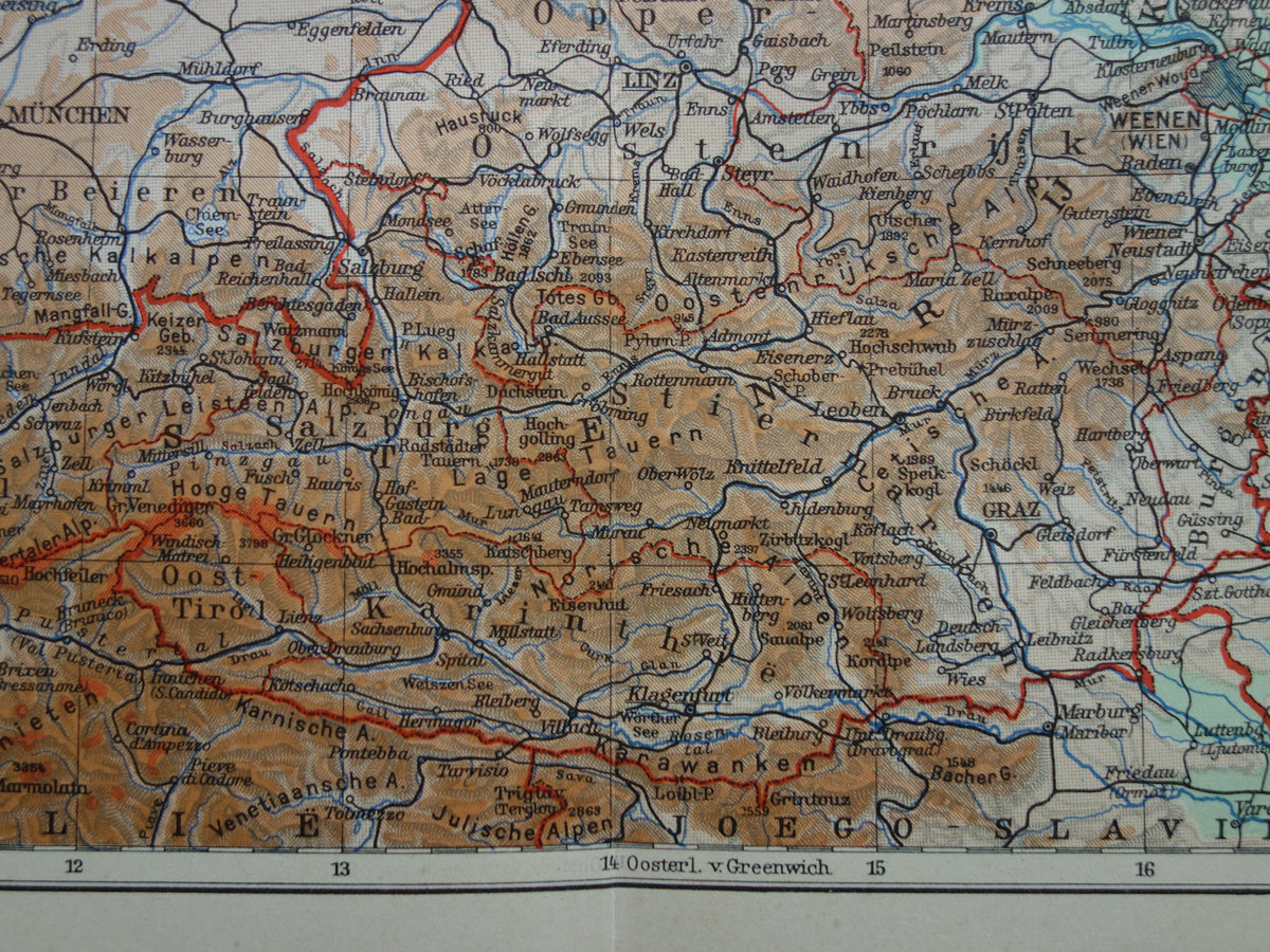 Austria and Czech Republic Old map from 1937 original vintage Dutch map elevation map