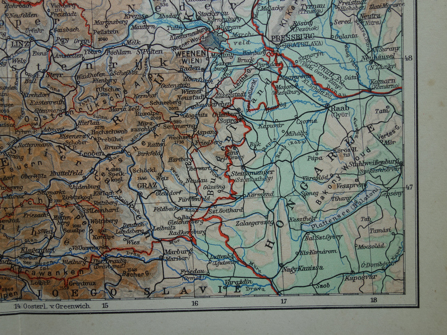 Austria and Czech Republic Old map from 1937 original vintage Dutch map elevation map