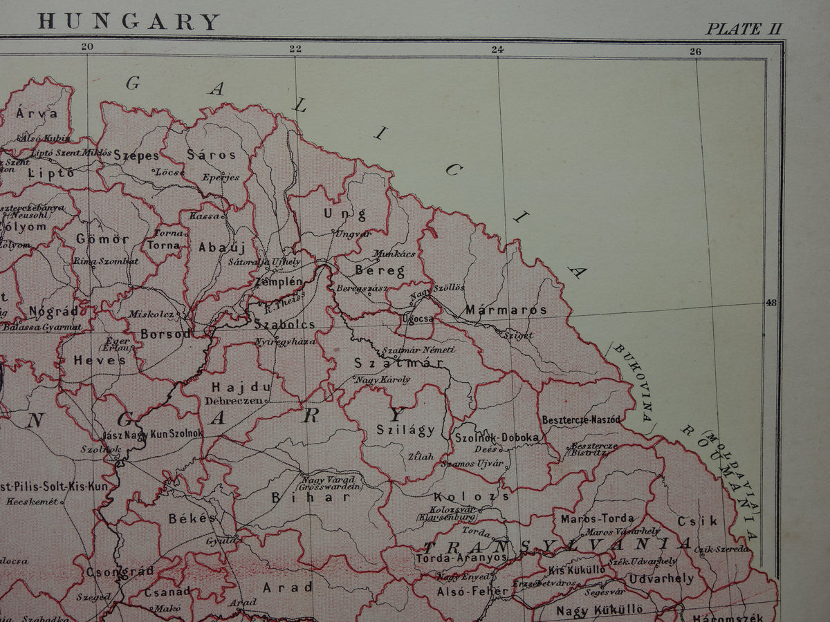 Hongarije oude kaart van Hongarije uit 1881 originele antieke Engelse landkaart
