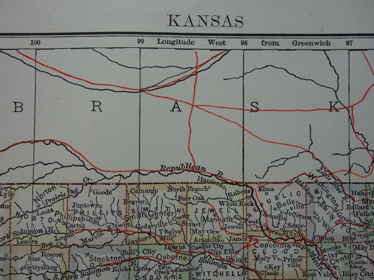 Old map of Kansas United States from 1880 original antique map state of Kansas