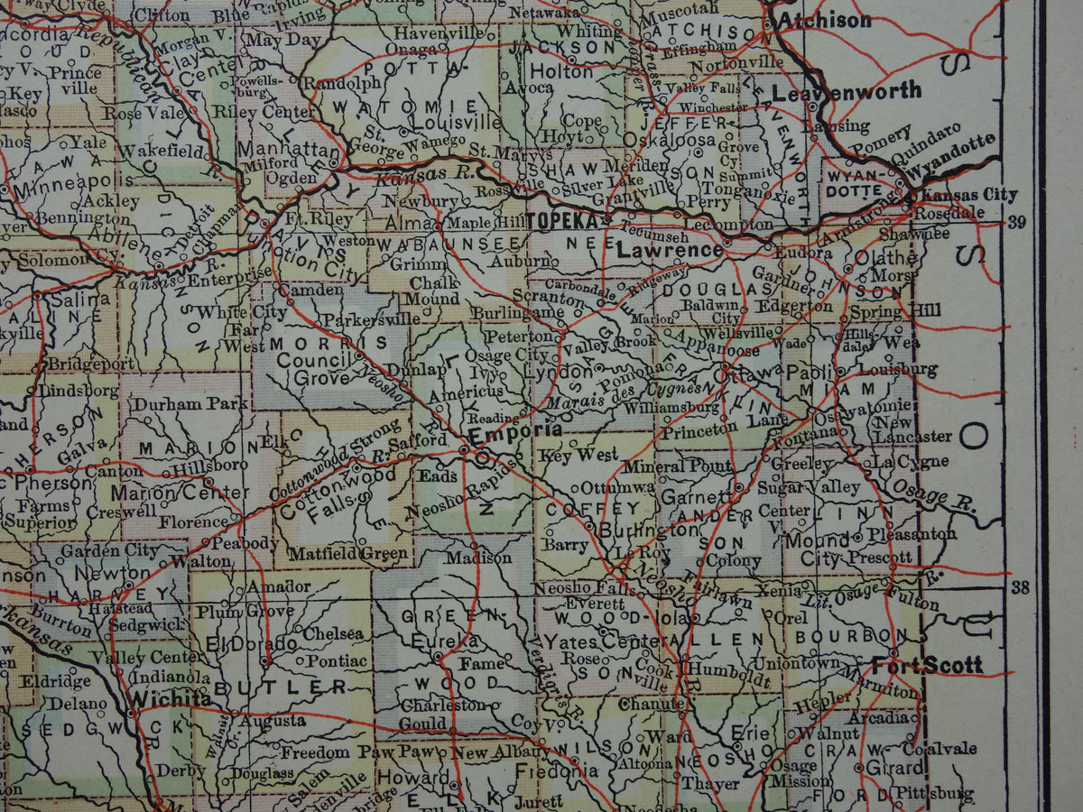 Old map of Kansas United States from 1880 original antique map state of Kansas
