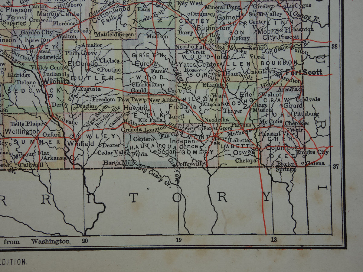 Old map of Kansas United States from 1880 original antique map state of Kansas