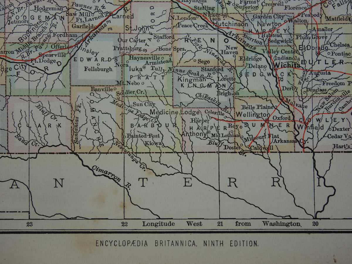 Old map of Kansas United States from 1880 original antique map state of Kansas