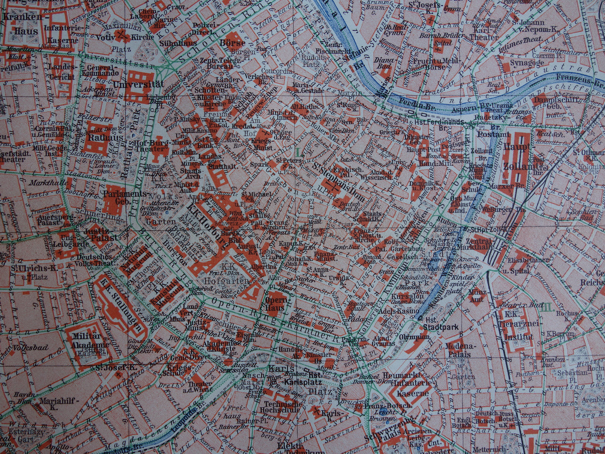 Wenen oude kaart van Wenen Oostenrijk uit 1913 originele antieke plattegrond vintage kaarten