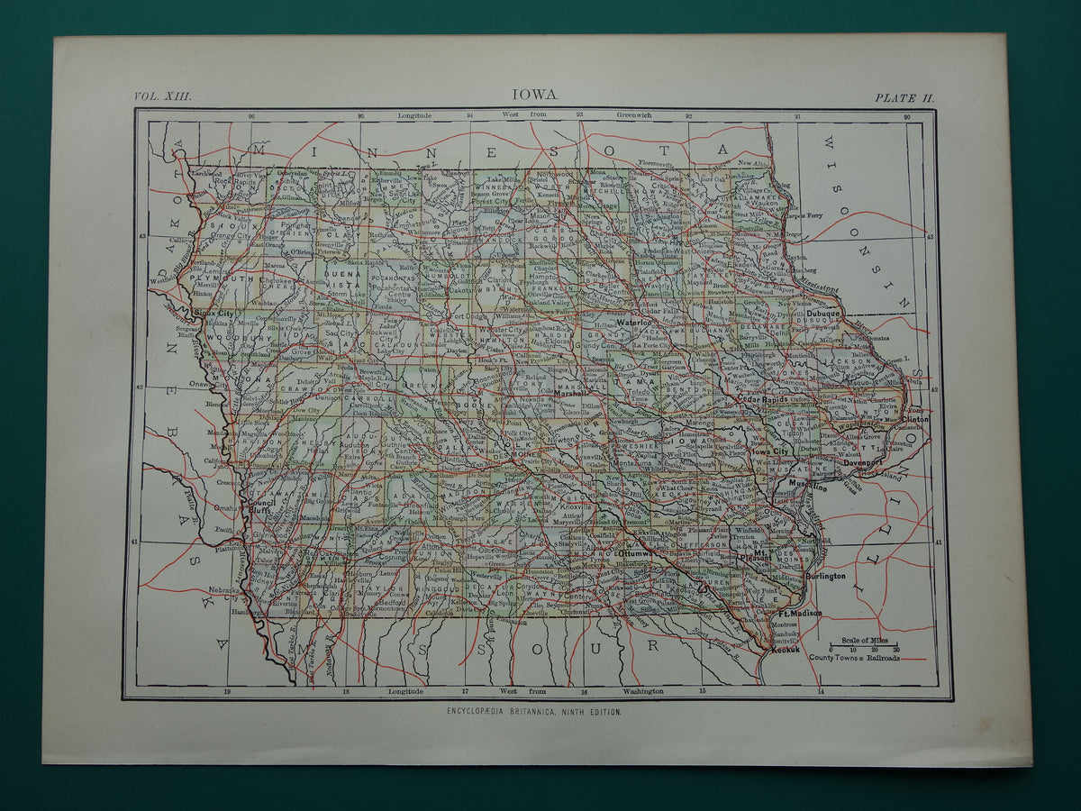 Old map of Iowa United States from 1880 original antique map state of Iowa